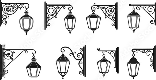 Vintage street wall lamps set illustration, classic ornamental lighting collection, retro urban exterior design, black and white vector elements