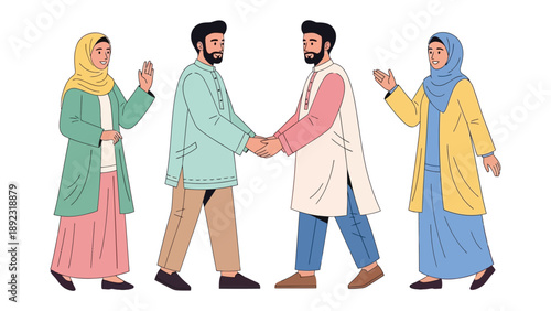 Harmony in Reverence: An illustration depicting two men shaking hands, framed by two women. Their attire, attire hints at a cultural and religious context, symbolizing unity, respect.