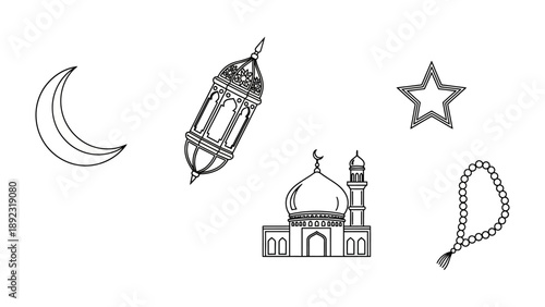Ramadan Symbols: Symbolic illustration of Ramadan and Islamic culture, featuring a crescent moon, lantern, star, mosque, and prayer beads.