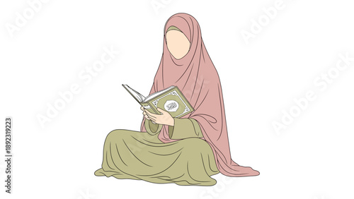 Muslim woman reading holy book: A serene illustration depicts a veiled woman engrossed in reading a holy book, symbolizing faith and spiritual devotion. 