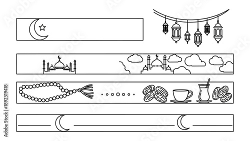 Islamic-themed Vector Designs: A minimalist collection of vector illustrations, perfect for designs related to Islam and the holy month, incorporating elements such as crescent moons, lanterns.