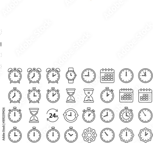 Time Management and Clock Outline Icon Set with Alarm Clocks, Stopwatches, Hourglass, Calendar, 24 Hour Cycle, and Scheduling Symbols for UI Design