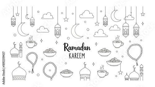 Ramadan Kareem Illustration: An elegant line art composition features iconic symbols of Ramadan, with crescent moons, stars, lanterns, and other festive elements.