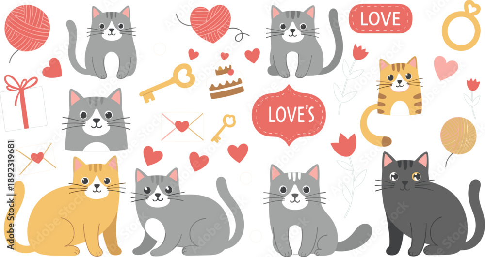 Fototapeta premium Cute Kawaii Cat Love Illustration Set with Adorable Cartoon Kittens, Hearts, Gifts, Wedding Rings, and Romantic Valentine Design Elements