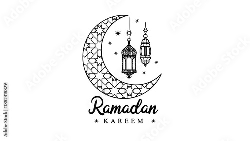Elegant Ramadan Kareem line art design featuring a crescent moon with hanging lanterns. Minimal black and white Islamic illustration ideal for Ramadan greeting cards, posters, invitations