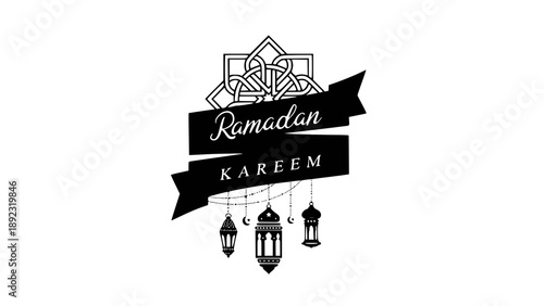 Modern Ramadan Kareem badge design with lantern elements in monochrome vector style. Clean and bold Islamic graphic suitable for branding, posters, banners, greeting cards, and Ramadan promotions.