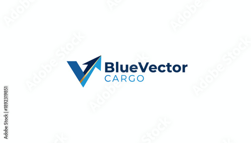 Blue Vector Cargo delivery company logo with abstract V shape and arrow, isolated white background.