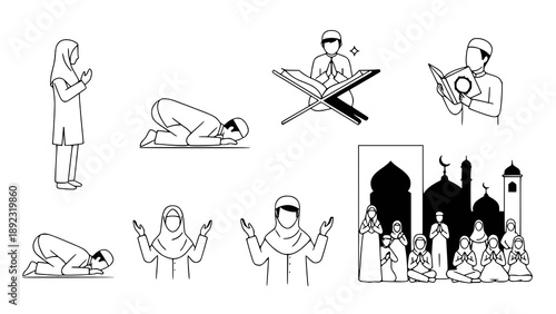 Black and white line art illustration set showing various Ramadan worship activities such as praying, reading the Quran, making dua, and attending mosque.