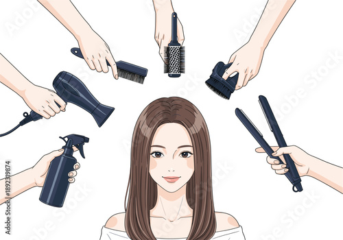 Beautiful Young Woman at Hair Salon with Multiple Hands Using Styling Tools Like Blow Dryer Flat Iron Brush and Spray for Professional Beauty Service