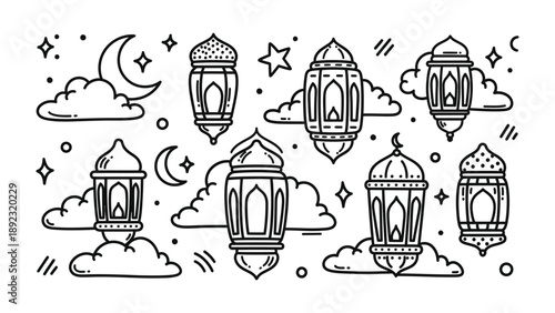 Lanterns of Remembrance: A collection of exquisitely detailed lanterns floats amidst a dreamy expanse of clouds, stars, and crescent moons, evoking a sense of tranquil contemplation and festivity.