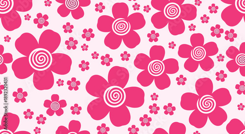Vibrant pink floral pattern for textiles featuring stylized five petal flowers with white spiral centers on pink.