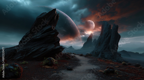 mystical sci fi moonscape under alien stars, ethereal cosmic moon landscape of the future, surreal celestial moonscape in deep space