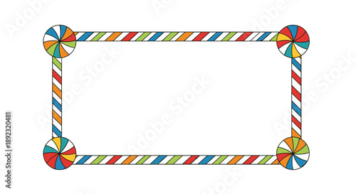 Festive rectangular border frame made of colorful striped candy canes and round peppermint swirl treats on white.
