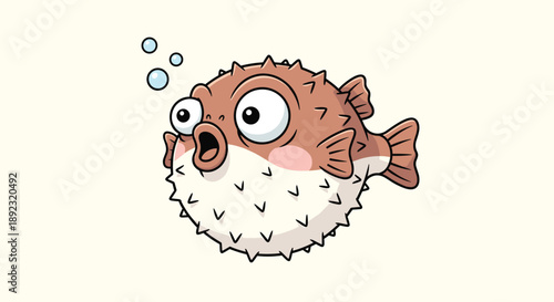Cute cartoon pufferfish with large round eyes and sharp spikes blowing small blue bubbles in an underwater scene.