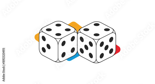 Two isometric white dice showing different numbers with vibrant blue yellow and red geometric shapes behind them.