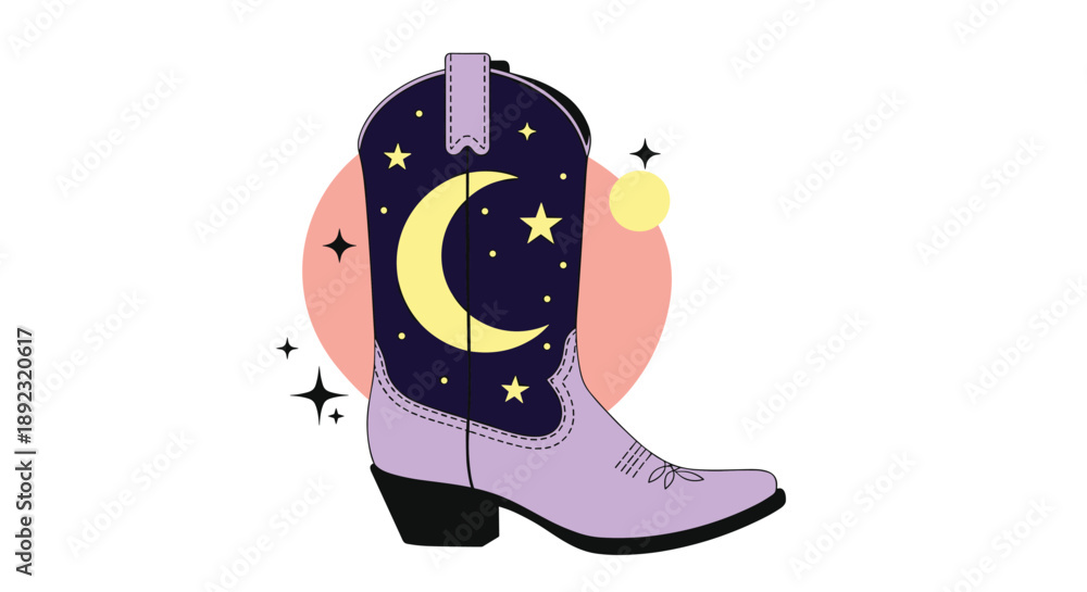 Fototapeta premium Stylish purple cowboy boot featuring a dark blue panel with a crescent moon and stars on a pink circular backdrop.