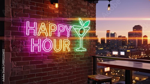 Neon Happy Hour Sign Shining on Rooftop With City Skyline View