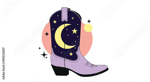 Stylish purple cowboy boot featuring a dark blue panel with a crescent moon and stars on a pink circular backdrop.