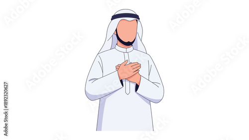 Arabian Man in Traditional Dress: A traditionally attired Arabian man, hands gently crossed over his heart, embodying the essence of respect and reverence.
