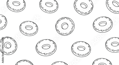 Minimalist seamless pattern of black and white line art donuts with simple icing details on a white background.