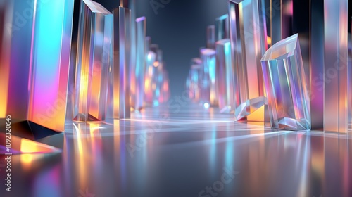 Futuristische Glashalle mit bunten Lichtsäulen und spiegelndem Boden in Perspektive