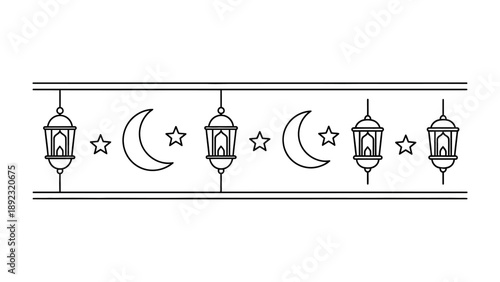Festive Ornament: A decorative array of lanterns, crescent moons, and stars in an elegant linear arrangement, perfectly captures the spirit of celebration and cultural tradition.