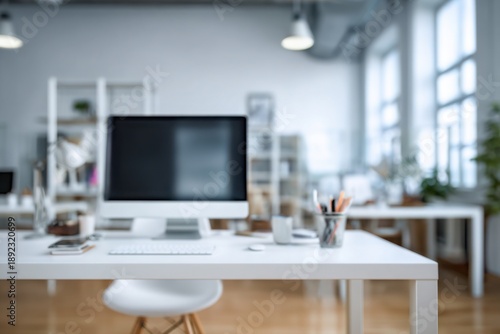 Wallpaper Mural Blur modern clean office desk with computer screen Torontodigital.ca