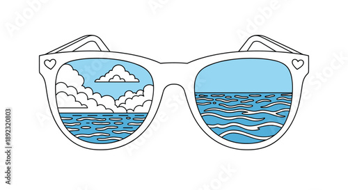 White frame sunglasses reflecting a peaceful blue ocean landscape with rolling waves and soft white clouds.