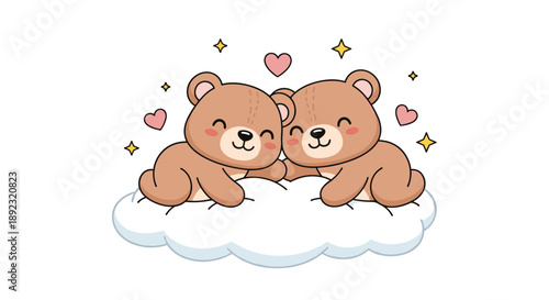 Two adorable brown teddy bears sleeping peacefully together on a soft white cloud with stars and pink hearts.