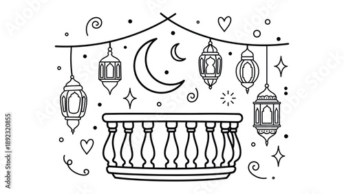 Lanterns and Crescent: An illustrative depiction of ornate lanterns and crescent moon, evoking a sense of serenity and cultural charm.