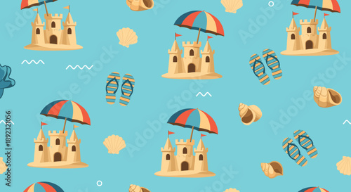 Beach theme seamless pattern with sandcastles under umbrellas flip-flops and seashells on a blue background.