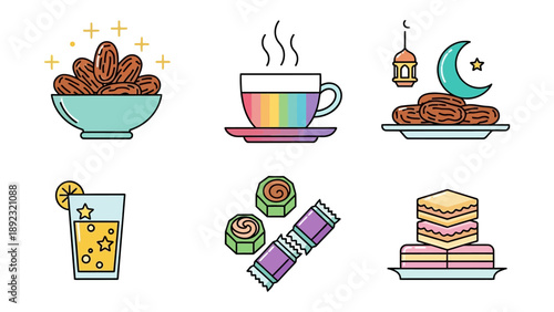 Ramadan Treats Illustration: A delightful assortment of traditional Ramadan treats, including dates, tea, and sweets. A culinary journey that captures the spirit of the holy month.