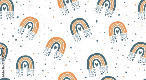 Whimsical seamless pattern with hand drawn rainbows in muted tones decorated with small hearts and stars.
