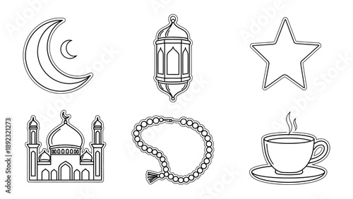 Islamic Symbols Icon Set: A collection of meticulously crafted, monochrome line art icons that beautifully represent various important symbols within the Muslim culture.