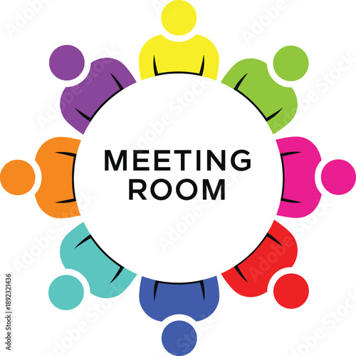 Colorful People Avatars Sitting Around Round Table Icon for Meeting Room Signage Corporate Collaboration Branding and Business Teamwork Identity Design Projects