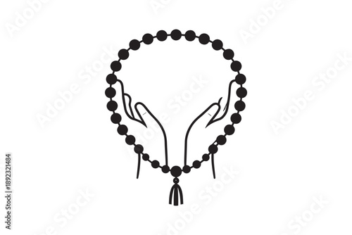 Praying hands holding rosary beads isolated on white background, prayer symbol for meditation