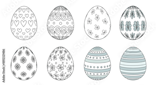 Collection of eight decorative Easter eggs featuring diverse patterns like hearts, flowers, and swirls in black and white line art style.