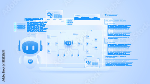 AI workflow automation artificial intelligence. ai agent workflow diagram dashboard machine learning with flow process, coding, and processing system.