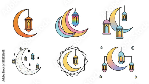Lunar Illumination: A collection of stylized illustrations showcases a crescent moon adorned with traditional lanterns, embodying the spirit of cultural and religious traditions.