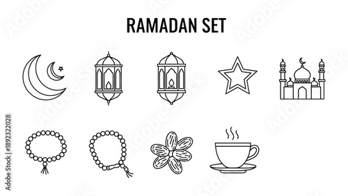 Ramadan Icon Set: A comprehensive collection of delicate line drawings captures the essence of the Ramadan spirit, ideal for conveying the festive and spiritual atmosphere.