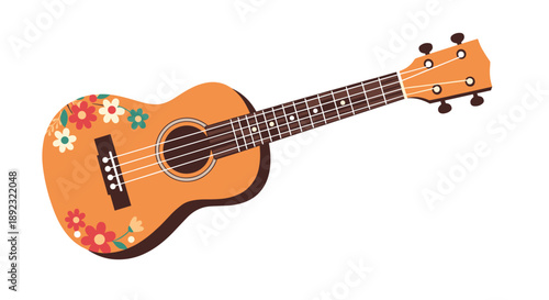 Beautiful wooden ukulele instrument decorated with a variety of colorful red, white, and teal flowers, evoking a tropical island vibe.