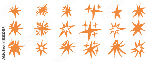 Handmade yellow star icons. Doodle childish simple sparkling shapes. Scrapbook cutout stars elements figures and twinkles. Vector illustration of magic Christmas starburst collage cutouts isolated.