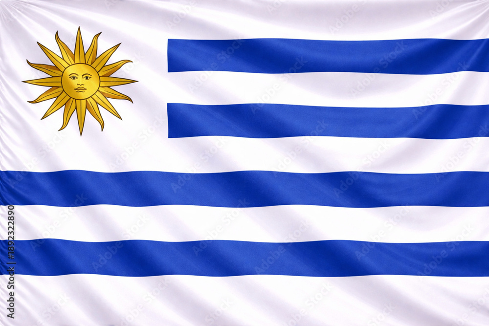 Fototapeta premium High Quality Waving Flag of Uruguay with Sun of May – Horizontal Fabric Background
