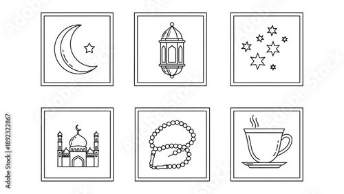 Ramadan Icons: A set of six meticulously crafted line art icons encapsulates the essence of the holy month. Featuring the crescent moon and star, traditional lantern, and radiant stars.