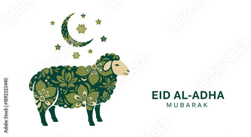 Elegant Floral Patterned Sheep Illustration with Crescent Moon for Eid Al-Adha