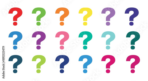 Collection of eighteen brightly colored question mark icons arranged in neat rows symbolizing inquiry confusion doubt and seeking information