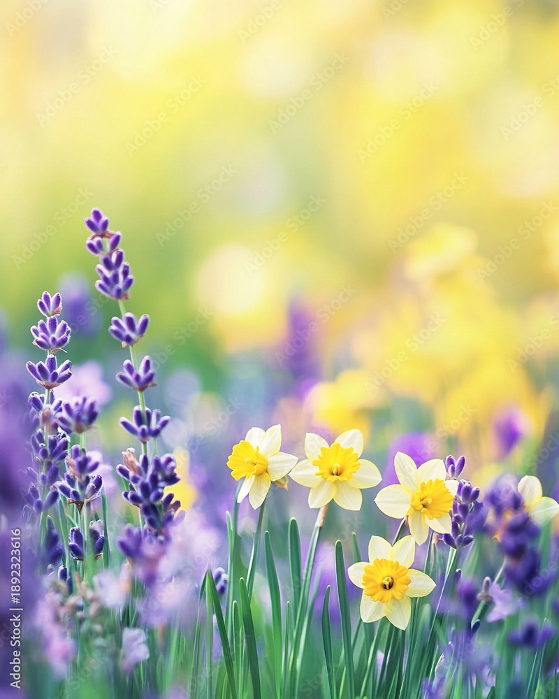 Fototapeta A serene and peaceful Easter spring backdrop, featuring softly blurred fields of lavender and daffodils in yellow, perfect for seasonal themes and nature-inspired designs.