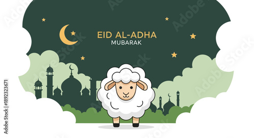 Cute Cartoon Style Sheep and Mosque Illustration for Eid al-Adha Celebration