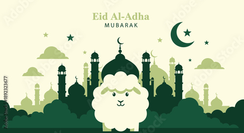 Flat Cartoon Eid Al-Adha Illustration with Sheep and Mosque Silhouette