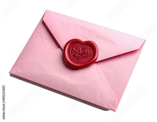 A pink envelope sealed with a heart-shaped wax seal, conveying a message of love